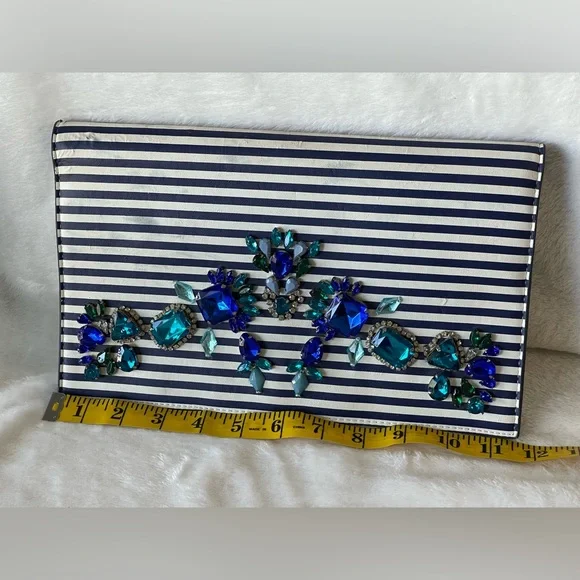 Express Bejeweled Blue and White Stripe Envelope Clutch Bag - Picture 11 of 12